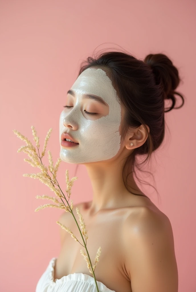 Creative and aesthetic Shoot with pink or white background of female model with props applied rice mud face mask. Use props in pictures