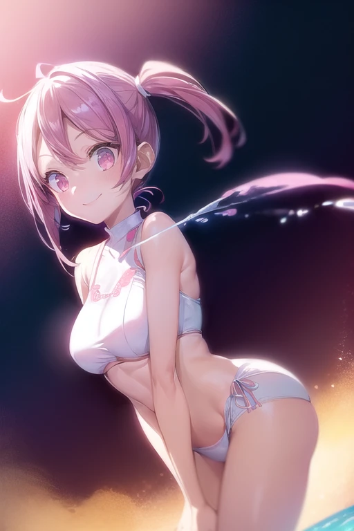 ((masterpiece: 1.5)), Blue Sky, very detailed, Ultra-high resolution, high quality, watch your hands, HD, 1 woman,Very delicate and beautiful, (illustration), ((맑은 pink 눈)), white hair band, ((pink_hair)), ((twin tail)),WHO, ((white bikini)), white shoes, ((armpit))and ((Side chest slightly))It looks like this, slim, ((swirling flames)), clear face, movie lights, volume lighting, dynamic lighting,soft edges, soft lines,dynamic angle, dramatic lighting, warm lighting, soft lighting, fancy, ((smile)), Digimon, Upper body only, There are red birds flying around., pink 가방, Beachfront background, lying on the sand. Watch your fingers, ((Water stains))