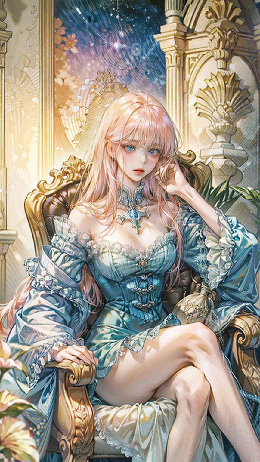 ((best quality)), ((ultra high definition)), ((masterpiece)), ((Romance Fantasy)), ((illustration)), (detailed), (clear), (Perfect), 1 woman, mature, beautiful, pure, calm expression, long pink hair with bangs, white skin, Sapphire blue eyes, Deep double eyelids, abundant eyelashes, pretty lips, big bust, small waist, fancy dress, Sitting on a fancy chair, Cross-legged, Chin up posture, A look down
