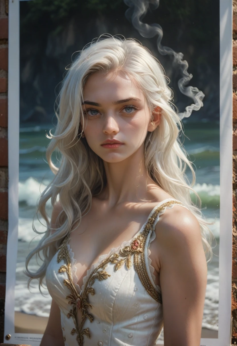 portrait, beautiful woman, white hair, ornate dress, (long hair in waves like smoke):0.85 , confident expression, detailed, 16k, sf, intricate artwork masterpiece, ominous, matte painting movie poster, golden ratio, trending on cgsociety, intricate, epic, trending on artstation, by artgerm, h. r. giger and beksinski, highly detailed, vibrant, production cinematic character render, ultra high quality model:1