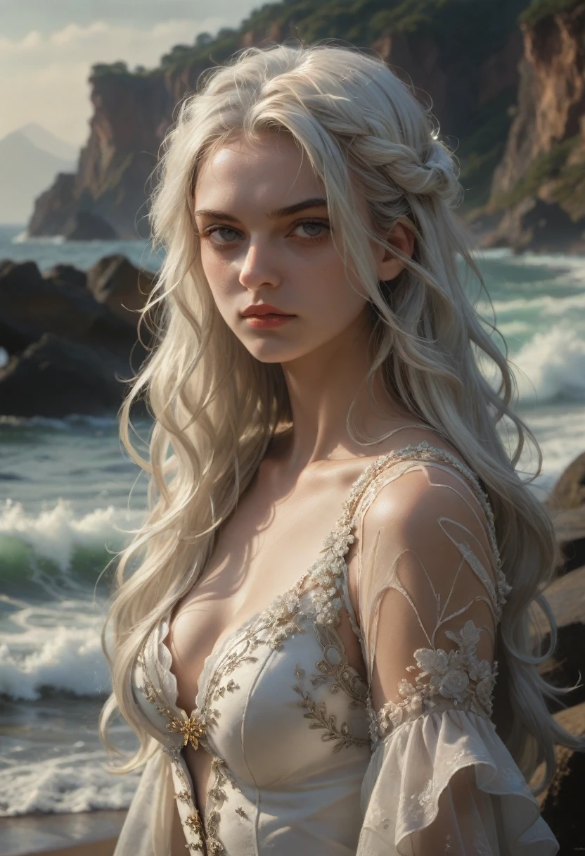 portrait, beautiful woman, white hair, ornate dress, (long hair in waves like smoke):0.85 , confident expression, detailed, 16k, sf, intricate artwork masterpiece, ominous, matte painting movie poster, golden ratio, trending on cgsociety, intricate, epic, trending on artstation, by artgerm, h. r. giger and beksinski, highly detailed, vibrant, production cinematic character render, ultra high quality model:1