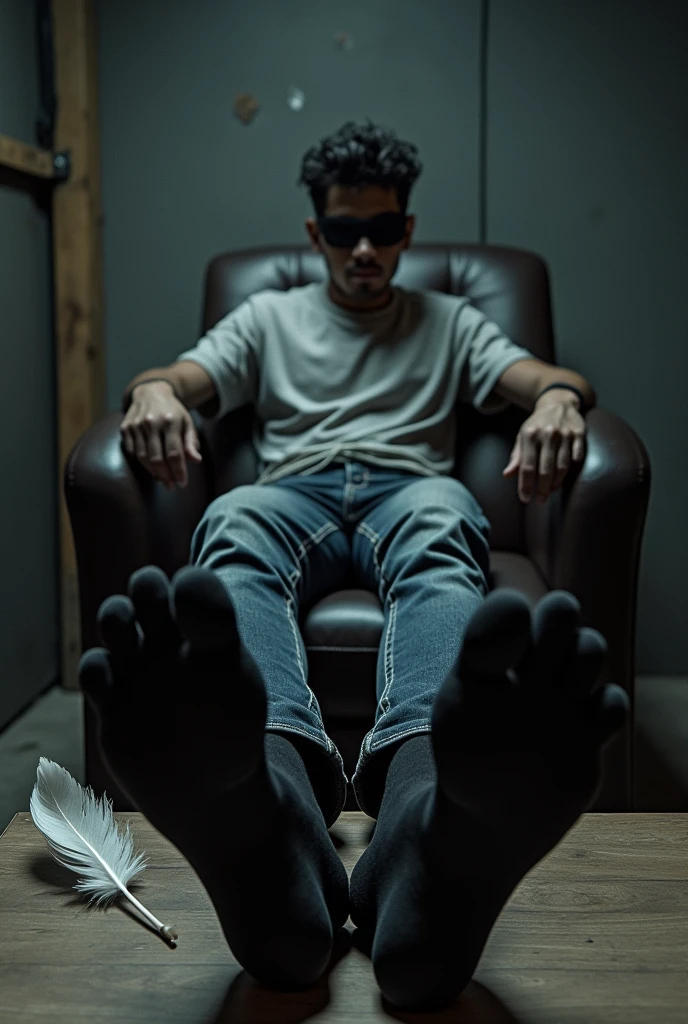Malay handsome man Zarul 25 years university student from Malaysia
Get kidnapped in warehouse
Haqiem hand and feet tied up and get blindfolded
Haqiem’s hand tied up behind the chair
Casually outfit
Black sock
Haqiem feet on desk
Feather on desk
5 toes each feet
He's ticklish
Focus on his black sock feet
A man tickle his feet using feathers
Haqiem laugh