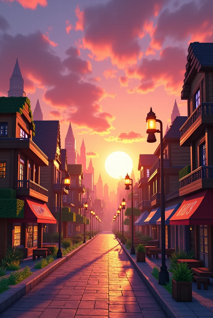 Cityscape, street, street lights, street shops, beautiful sunset in Minecraft style, horizontal image.