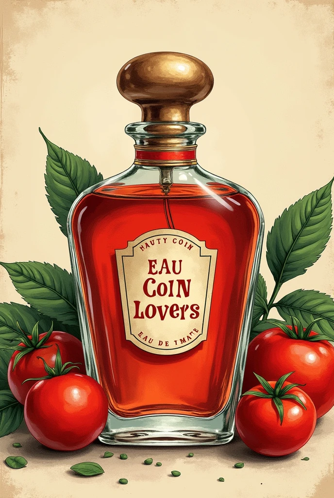 Image d’illustration vintage flacon transparent rouge de parfum inscrit dessus  « Parfums Coin Coin Lovers » inscrit « eau de tomate » en arrière plan des tomates et dû basilic 