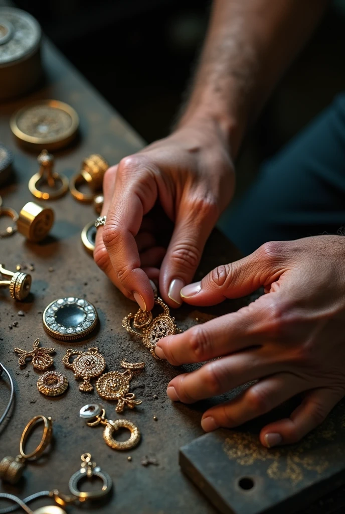 A series of realistic images capturing the intricate and challenging process of jewelry making, showcasing the artisan's rough hands working with lustrous materials from various angles