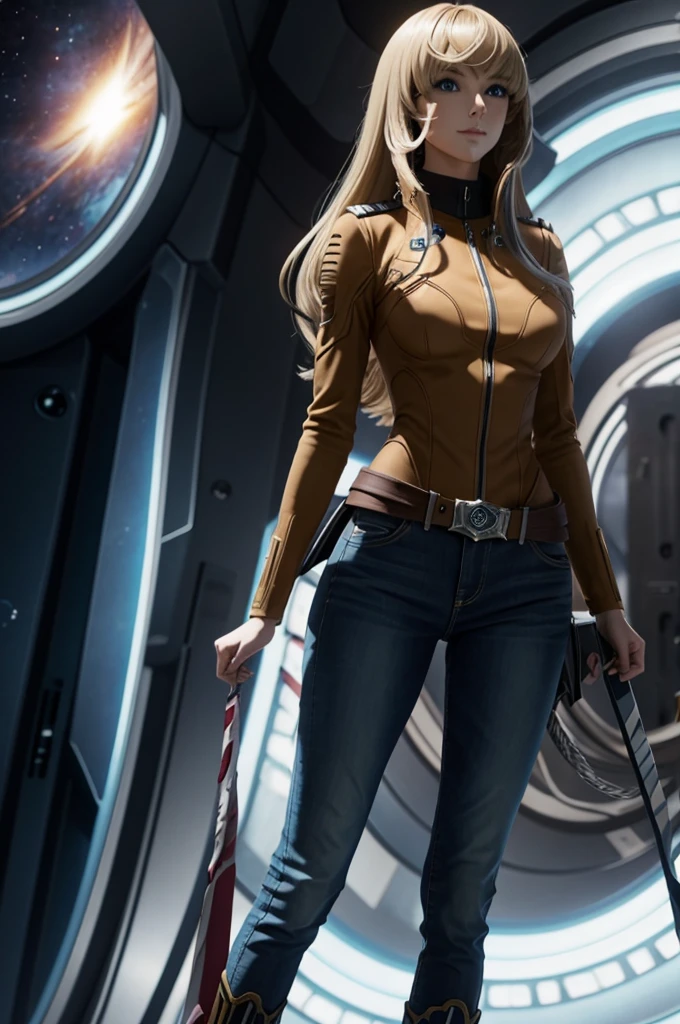 Anime style female character inspired by vintage space opera aesthetics, with elongated facial features, 165 cm tall, having blond, waist-length, wavy hair with V bangs, and blue eyes. She is wearing tight skinny jeans with high boots over them, adding an equestrian touch to her ensemble. The character's design reflects a blend of space opera elements and a realistic body proportion, highlighting her strong yet feminine presence, big boobs, smile