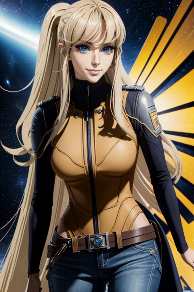 Anime style female character inspired by vintage space opera aesthetics, with elongated facial features, 165 cm tall, having blond, waist-length, wavy hair with V bangs, and blue eyes. She is wearing tight skinny jeans with high boots over them, adding an equestrian touch to her ensemble. The character's design reflects a blend of space opera elements and a realistic body proportion, highlighting her strong yet feminine presence, big boobs, smile