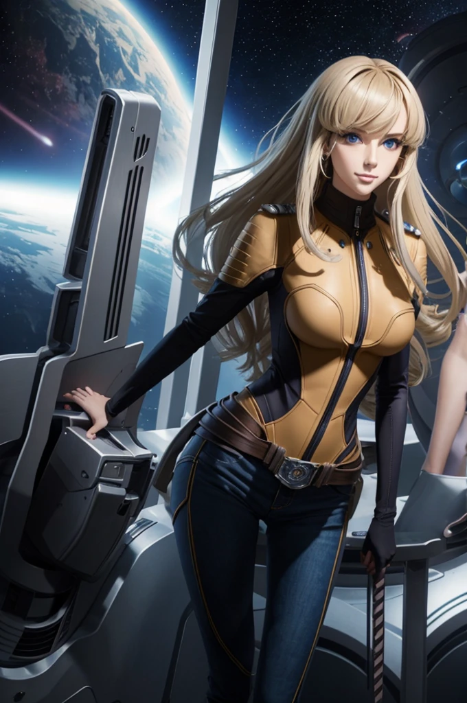 Anime style female character inspired by vintage space opera aesthetics, with elongated facial features, 165 cm tall, having blond, waist-length, wavy hair with V bangs, and blue eyes. She is wearing tight skinny jeans with high boots over them, adding an equestrian touch to her ensemble. The character's design reflects a blend of space opera elements and a realistic body proportion, highlighting her strong yet feminine presence, big boobs, smile