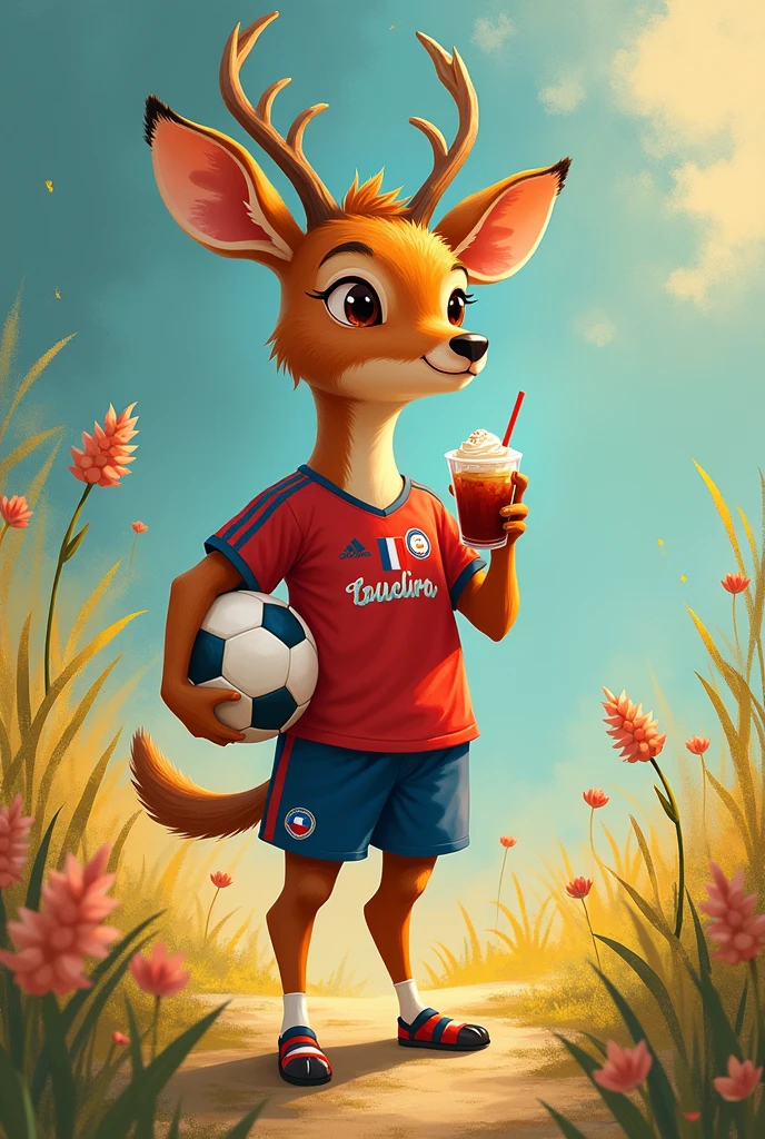 studio ghibli anime panel, MALE ANIMAL,  HUEMUL with small horns , BROWN FUR, BROWN EYES, WITH CLOTHES FROM THE CHILE NATIONAL TEAM,WHILE HOLDING A BALL, AND DRINKING MOTE WITH CHILEAN HUESILLO ,FULL BODY