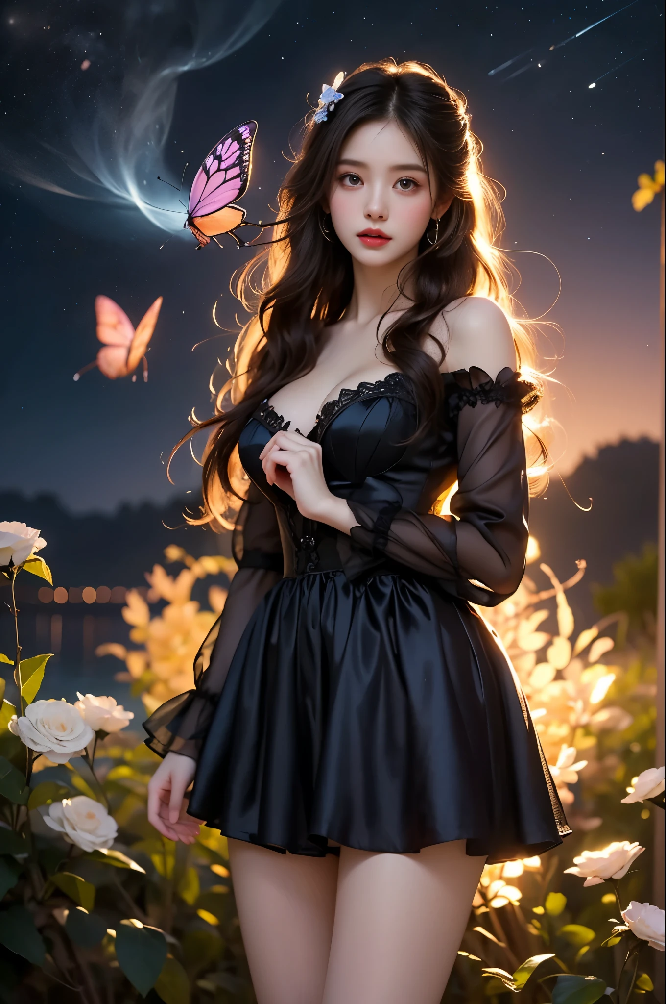 black nightgown miniskirt elegant posture, She gently lifted her skirt with one hand,头发周围有白色的Butterfly兰，Lilac dendrobium、White Lily, Long legs , Deep in Wonderland, ((Flowing long hair))Official Art , Unity8k Wallpaper , Extremely detailed , Visible cleavage, Pretty and beautiful , 性感Long legs, masterpiece , best quality ,Practical, Very detailed illustrations ,Extremely detailed , Intricate details , Extremely complex and detailed , Very detailed 8KCG wallpaper , Caustics .reflection , Ray Tracing , Devil theme ,nebula ,Dark aura, Network Effects , (1 girl)solitary , 小蓝Butterfly , (Blue plasma flame , (insect , Butterfly)) Pastel tones in Rococo style ,Light white and light dark red , Incredibly beautiful , Cherry blossoms , Surrealism ,painting , Ethereal , Mixing reality and fantasy elements ,Ray Tracing , Complex Mode , Exquisite lines , Perfect your hands, Starry Sky , Colorful , Star