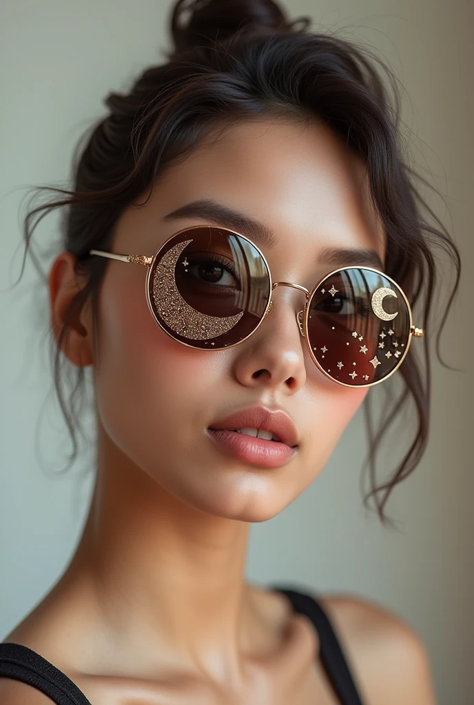 The model is wearing glass sunglasses with stars and the moon on the glass