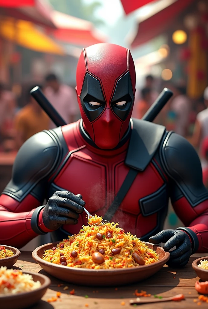 Deadpool eating biriyani