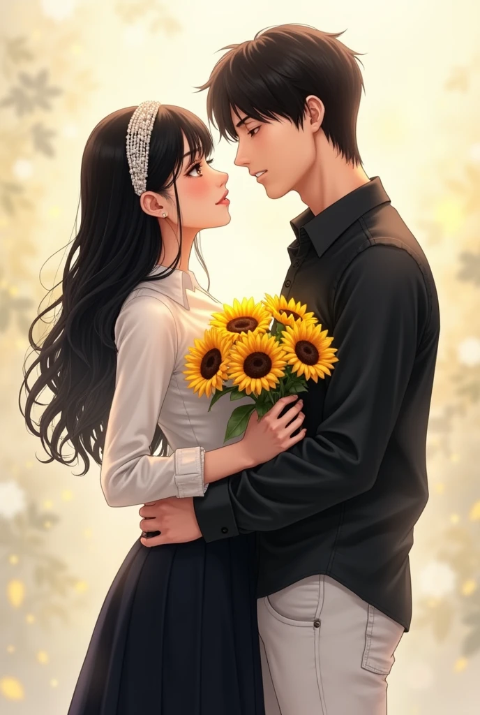 A woman with long black hair, wearing a pearl headband, wearing a white couple shirt, a black skirt, holding a bouquet of sunflowers. A man with black hair, wearing a black couple shirt and white jeans, standing facing each other.
