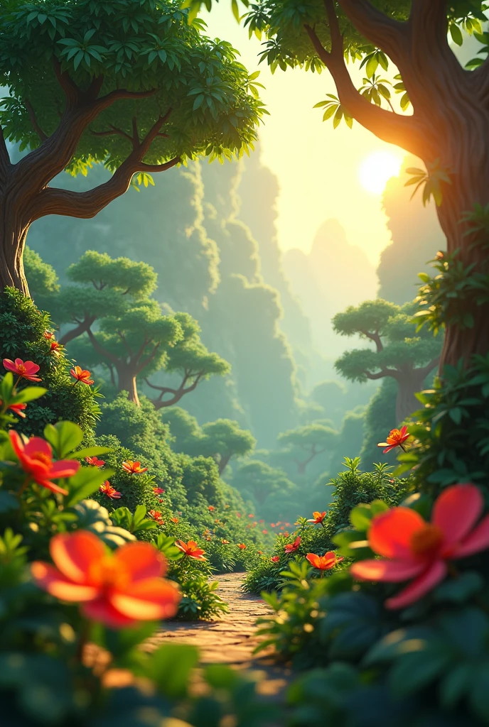 In cinematic 3d cartoon style"A colorful jungle environment filled with lush greenery and vibrant flowers, set during a golden hour with warm sunlight filtering through the trees