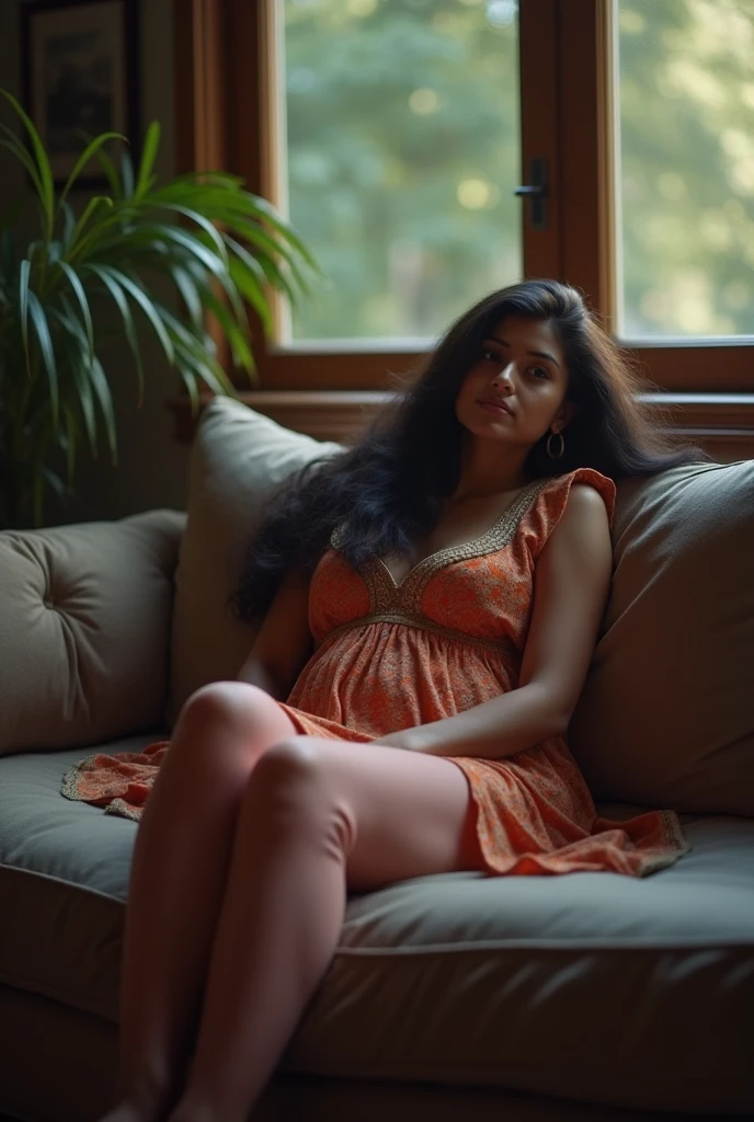Create a  Indian women image big ass medium size stomach in leggings and kurti resting on sofa Moovies type 
