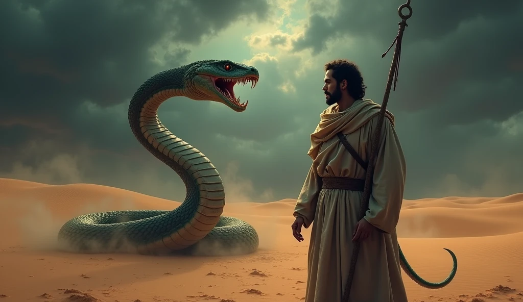 Prompt: "Create a dramatic thumbnail depicting Prophet Musa (Moses) standing with a staff in one hand. A large serpent is coiled around his neck, looking powerful and threatening. The scene should be set in a desert with a dark, stormy sky in the background. Prophet Musa should have a determined and calm expression on his face, symbolizing his faith and strength. The serpent should be detailed and imposing, with its scales reflecting a faint glow. Use a color palette that emphasizes the intensity of the moment, with strong contrasts between light and shadow."