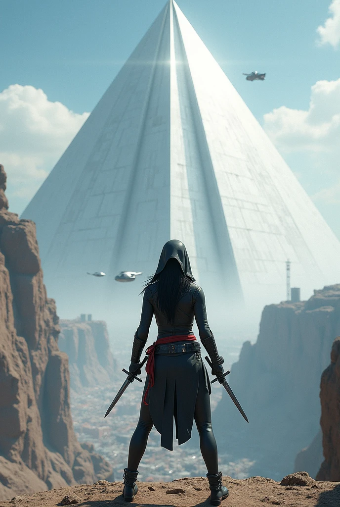 Hyper realistic, Ultra Detail, Best Quality, An Assasin Girl wearing black and tight clothes, squat in the edge of cliff, she have two daggers put cross in her back waist, looking from a far away distance a Gigantic Pyramid. The Pyramid is super bright white, the pyramid size is gigantic and massive, it seems like ten times bigger than everest mountain, below pyramid is future city with medium population. in the sky there are flying cars and police cars patroling.