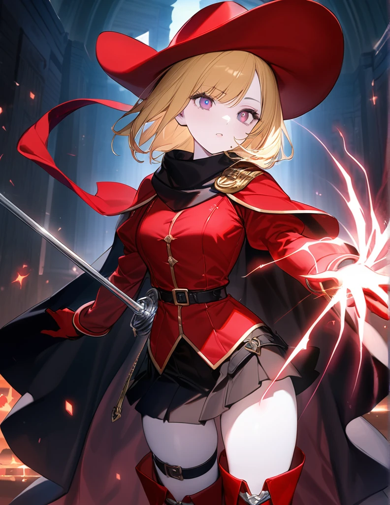 (One Woman),(Best image quality, 32K, masterpiece:1.3),((Blonde medium hair:1.1)),(Swept-apart bangs,), (Cute eyes, Dark Eyes), (Detailed eyes),(Mole under right eye), (Standard weight), (Glowing Skin:1.1),(Pale skin:1.2),(A fantastic atmosphere),(look up),Ultra-high resolution, Textured skin, Sparkle Effect, whole body,absolute thigh area,Red Mage,Thunder Effect,Panty shot,
Red Musketeer Outfit,Red Musketeer Feathered Hat,Have a rapier,Produces magical lightning from hands,magic circle,Red Cape,Black scarf,Red, luxurious long boots,Black Mini Skirt,Red luxurious long gloves,Leg belt,Leg Ring,Lightning aura,Black lace panties,
Slanted Eyes,
Ancient temple,