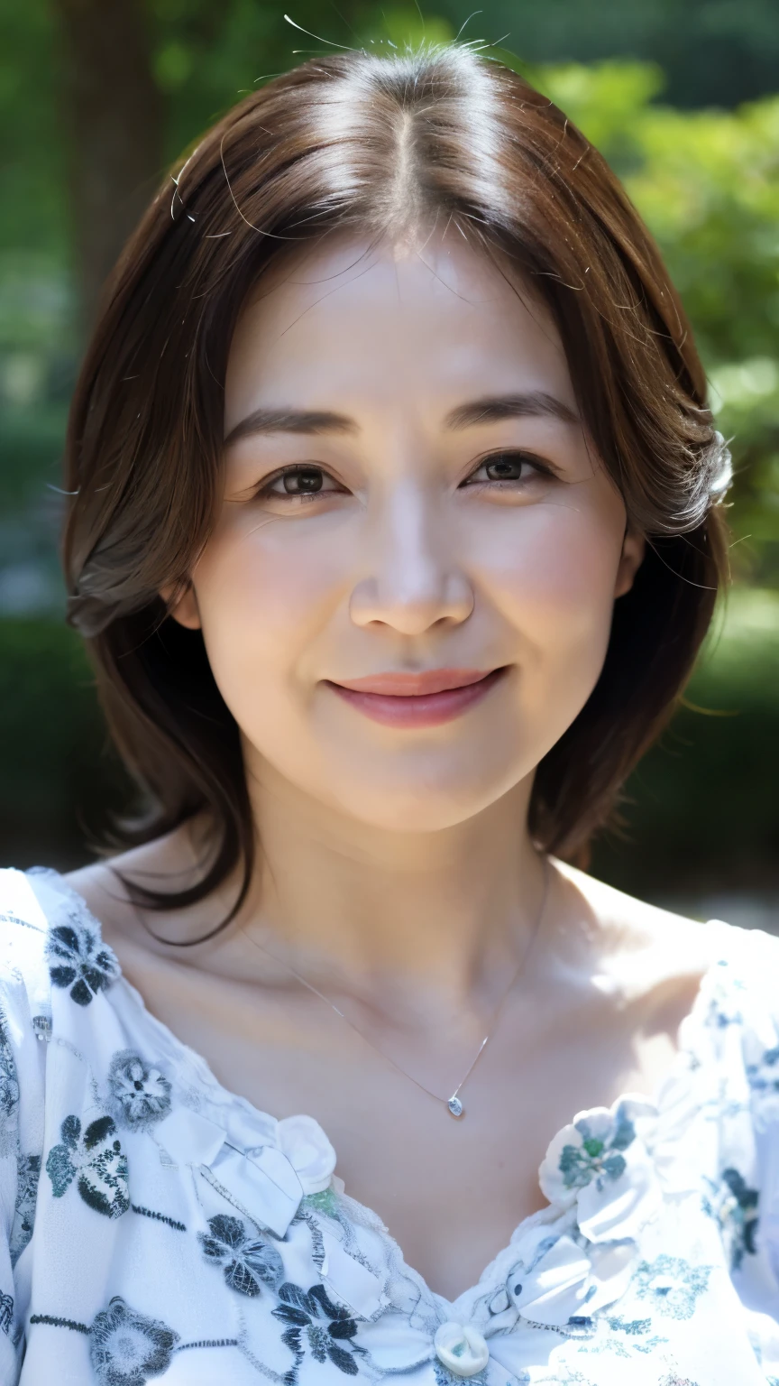 最high quality, In 8K, Masseter region, Real, Sharp focus, high quality, High resolution, Detailed face, Detailed eyes, Thick lips, Background Blur, alone, Middle-aged women, , 5, , Wavy Hair, Cleavage, Wearing a plain short-sleeved knit, Afternoon in front of the park garden, Wrinkles around the eyes, Smiling with teeth showing