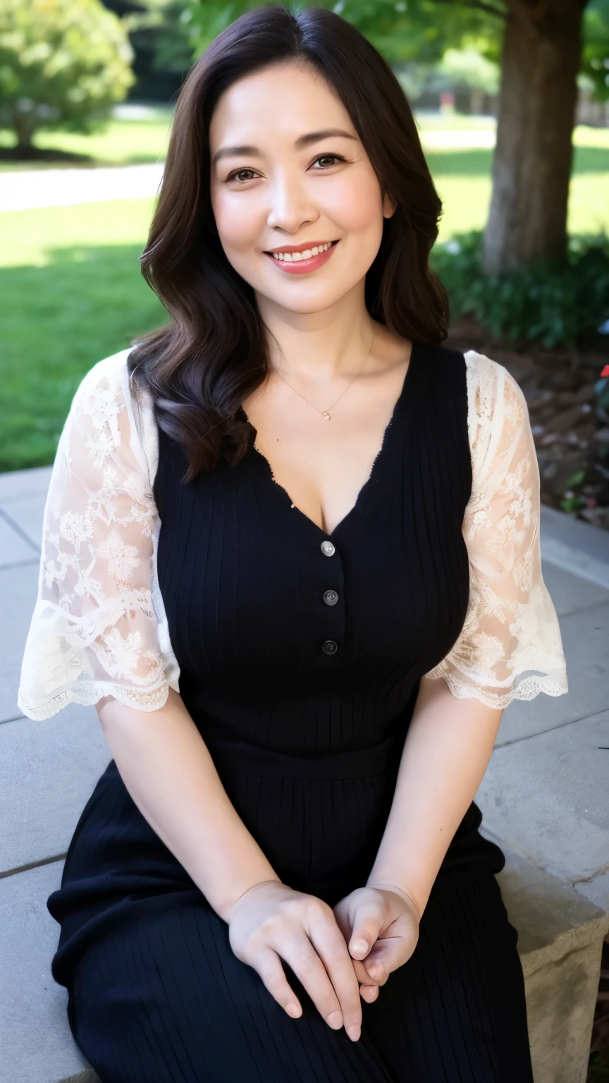 最high quality, In 8K, Masseter region, Real, Sharp focus, high quality, High resolution, Detailed face, Detailed eyes, Thick lips, Background Blur, alone, Middle-aged women, , 5, , Wavy Hair, Cleavage, Wearing a plain short-sleeved knit, Afternoon in front of the park garden, Wrinkles around the eyes, Smiling with teeth showing