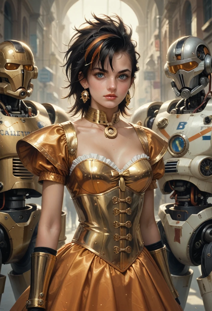 a close up of a woman in a corset dress with a bunch of people, les edwards poster art, golden and copper armor, mech, seventies, face like ester exposito, 1 9 7 0 s female alive, key frame, dollpunk, band of gold round his breasts, barbarella, metalic, mechanical, mechanical superstructure  