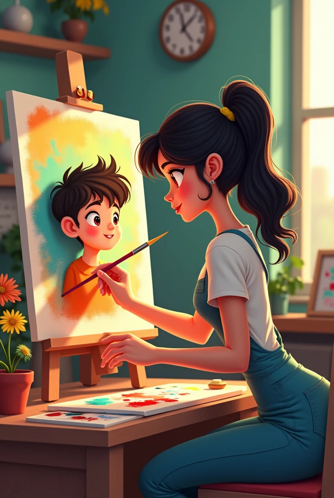 Animeted 2d picture. A girl (22y) is drawing a boy. In room. On canvas.