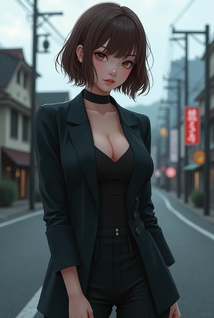 (masterpiece, best quality, ultra detailed, absurdres)1.5, 1girl, (sexy, beautiful woman, perfect face, perfect eyes, perfect female body, huge breasts)1.5, (nobara kugisaki, bob cut, brown hair, lips, short hair, lakers, (standing, empty street, Japanese street, Japanese city in background, cloudy), perfect lighting, smooth, hdr