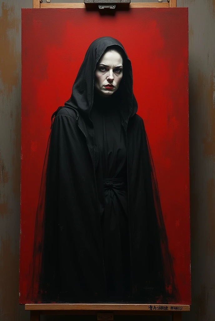 Feelingless witch being painted with a brush on a canvas on her easel, in red and black colors