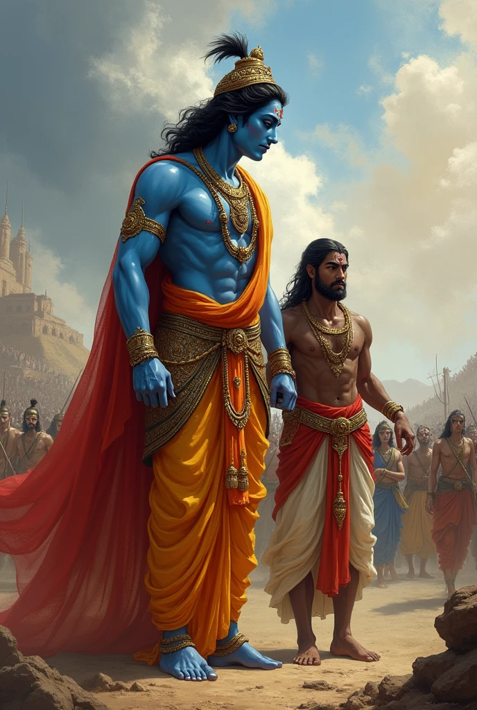 Lord Krishnagrand in battlefield , next to Arjuna, with a grand yet peaceful and compassionate expression. arjuna distressed figure is visible.