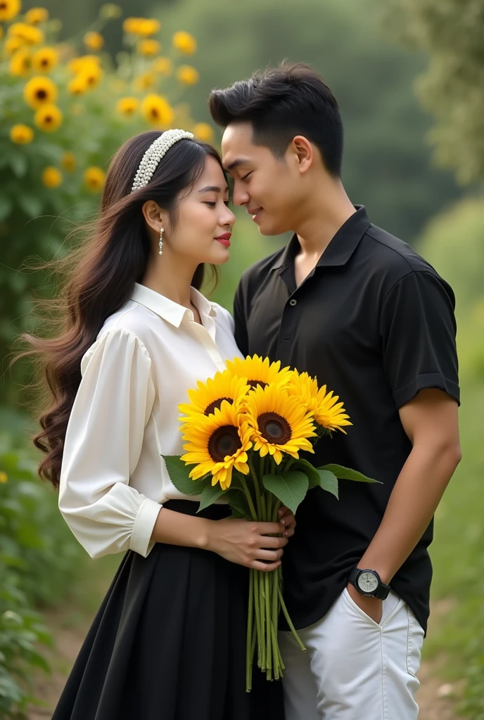 A woman with long black hair, wearing a pearl headband, wearing a white couple shirt, a black skirt, holding a bouquet of sunflowers. A man with black hair, wearing a black couple shirt and white jeans,