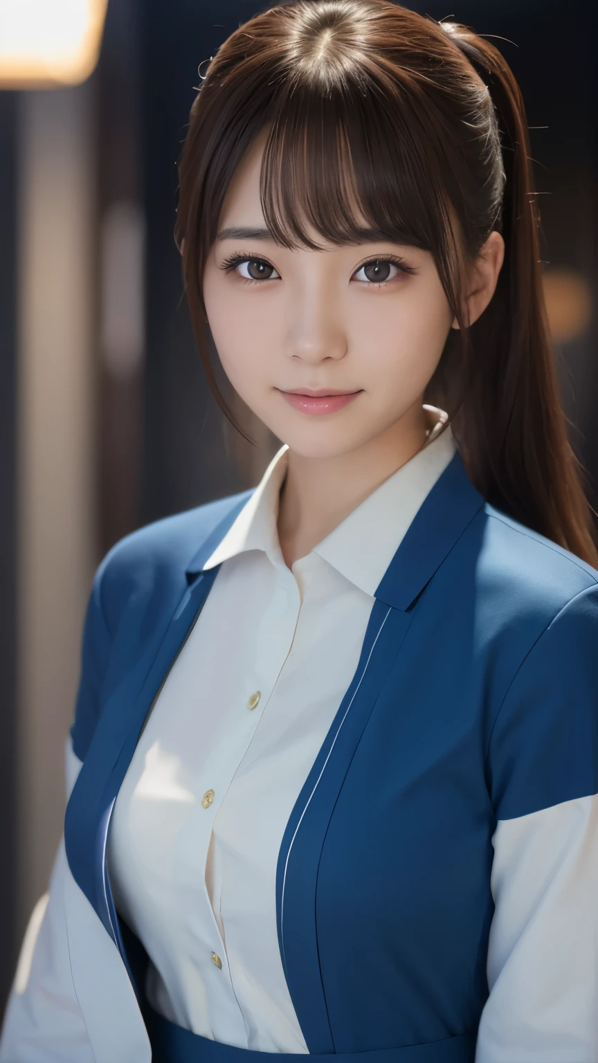 Beautiful young Japanese woman, Around 20 years old, Wearing a stewardess uniform, Very detailedな, 8k resolution, とてもRealistic, Cinema Lighting, Highest quality, masterpiece, Realistic, Physically Based Rendering, Very detailed, Vibrant colors, Professional, Sharp focus, Studio Lighting.Standing facing forward、Overall smile