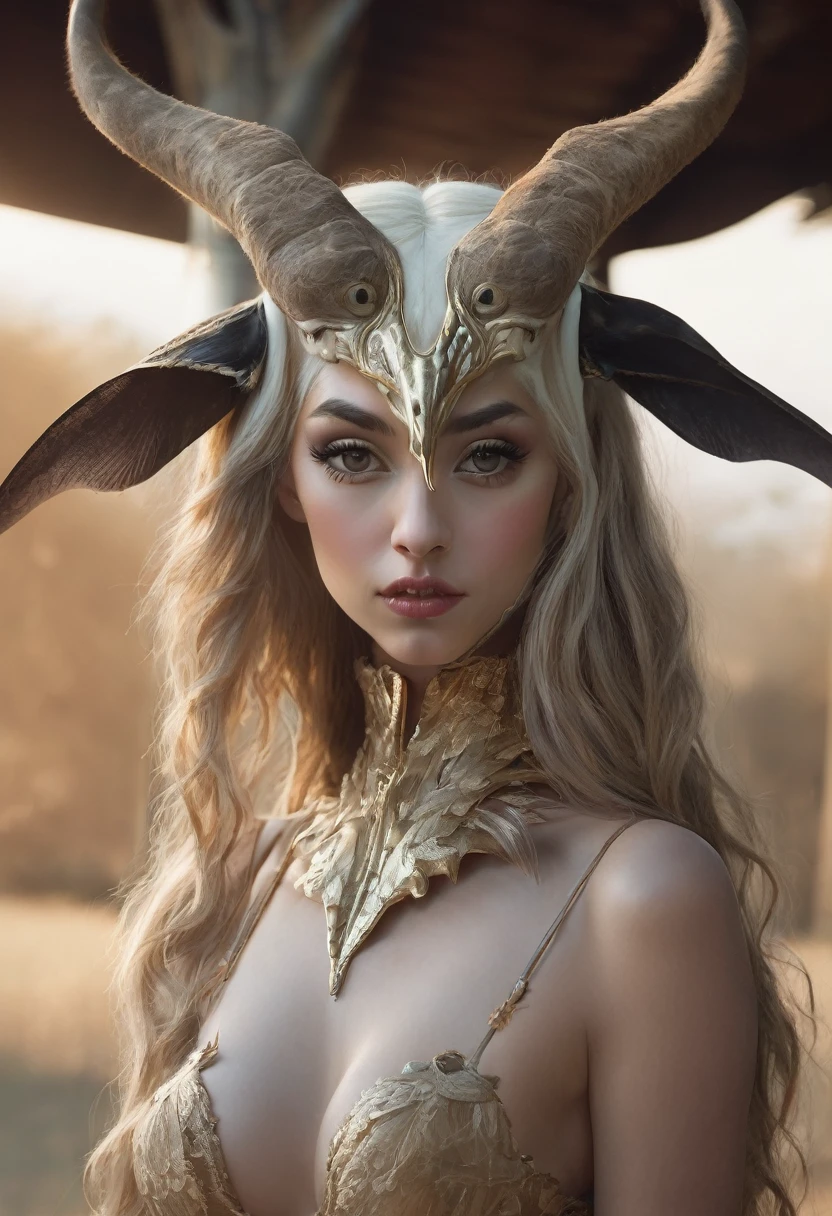 Sexy woman, hybrid creature, sexy female face and head, giraffe butt instead of a human butt, long frog tongue, long shaggy goat legs, ram horns, bat wings