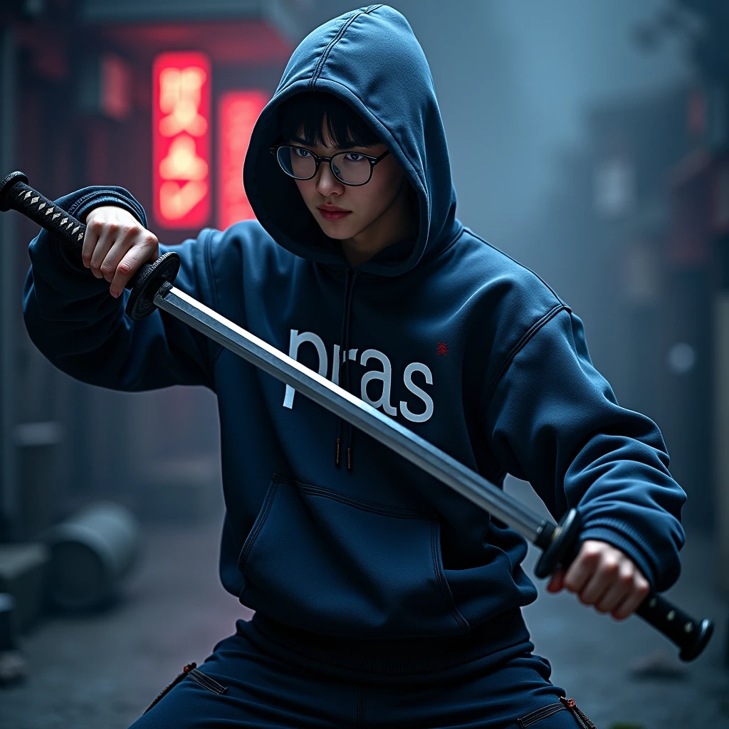 Create a character hoodie, {background: darkness blue vulcano}, realistic, HDR, use glasses, handsome, korean style, full body, use katana, age 20, hoodie text: “PRAS”, backgound-text: “GLBK”