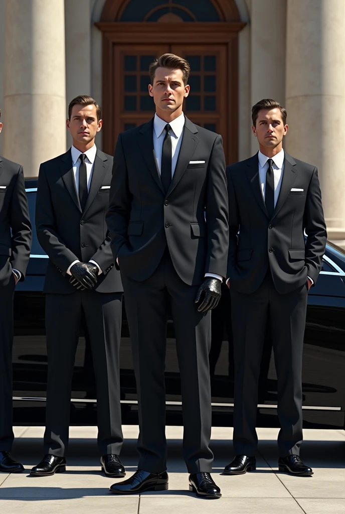 Six men, dressed in sleek black suits and black gloves, stand beside a luxury car parked next to a grand building. Their attire and the expensive vehicle suggest an important business meeting is ahead. Each man exudes an air of professionalism and confidence, reflecting the gravity of their forthcoming appointment.