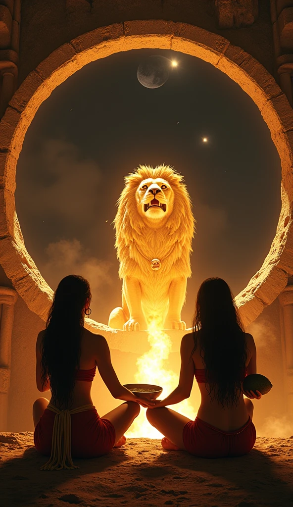 two ultra realistic mayan women with their backs to a portal with a majestic golden lion on the portal inside a black moon, convey depth. Healing lights come from the hearts of these women., one holds a bronze bowl and the other a large cocoa fruit over a ritual fire, They are sitting.. in the background women dancing.