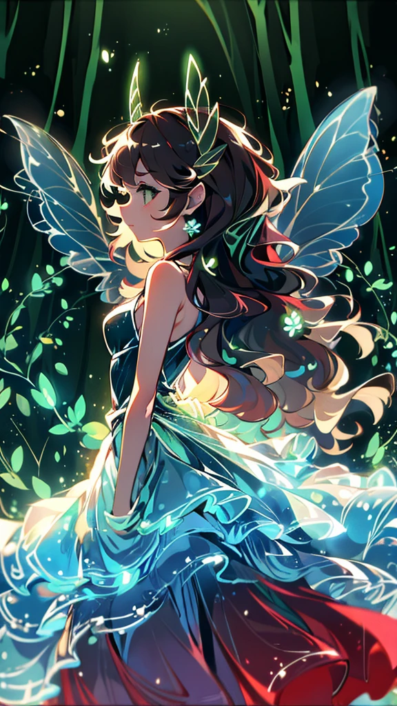 Fairy girl, Brown-curly-hair, green eyes, wearing a white dress. (2 Beautiful wings), (Colorful), (anime), (forest background).