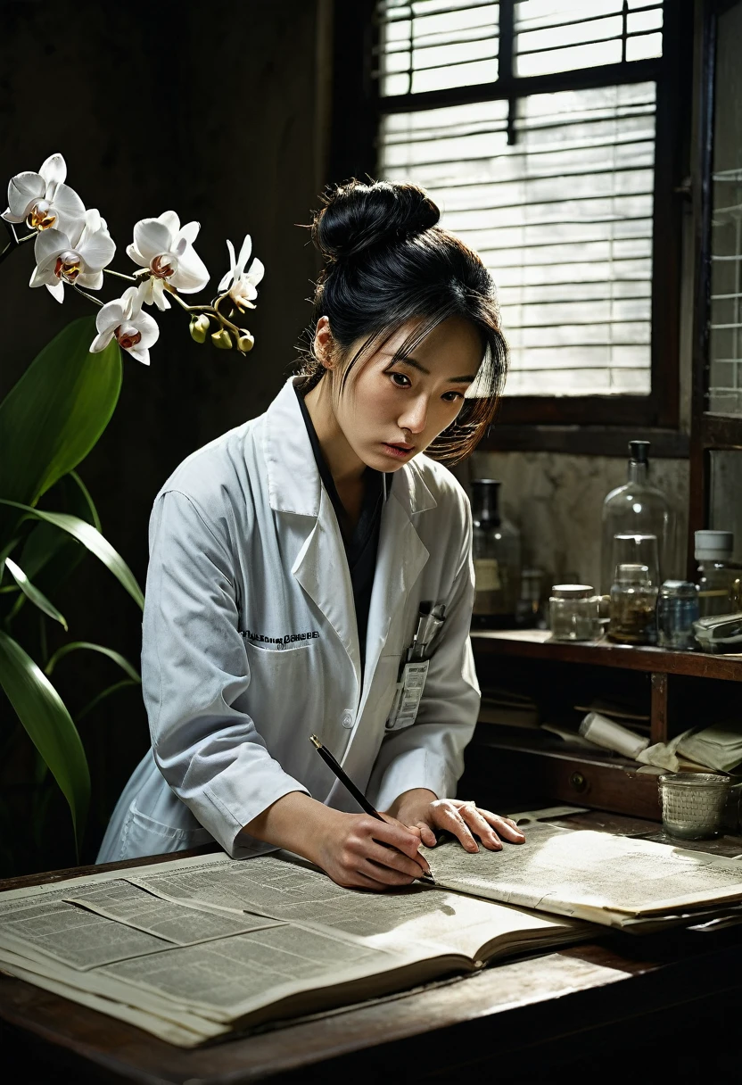Beautiful botanical genius, Misaki Sato, 28, Japanese, long black hair in a messy bun, concentrated expression, in a dimly lit laboratory, early morning sunlight streaming through venetian blinds, creating stark shadows, papers and broken glass strewn across floor, empty orchid specimen case prominent on central table, drawers pulled out, computer with cracked screen, distraught genius Beautiful botanical Misaki in foreground, hand over mouth, eyes wide with shock, wearing previous day's wrinkled lab coat, detective in background taking notes, forensic team dusting for fingerprints, police tape across doorway, other scientists whispering in hallway visible through open door, clock on wall showing 7:15 AM, hyper-realistic, dramatic lighting, crime scene photography style, intricate detail, faded, highly detailed eye, highly detailed eye, 16k resolution, RAW, Nikon Z9, creative, masterpiece, fantasy, super detailed, high resolution, high quality, 8k, realistic, super detailed Dramatic Lighting, Soft Focus, Digital Illustration, Intricate Mechanics, Advanced Techniques, Dark Backgrounds, Cinematic, High Contrast, Moody, Strict, Atmospheric, (Top Quality, 4k, 8k, High Definition, Masterpiece: 1. 2), Ultra-Detailed, (Realistic, Graphic, Photorealistic: 1. 8) -- No glass --AR 16:9 --Stylize 1000