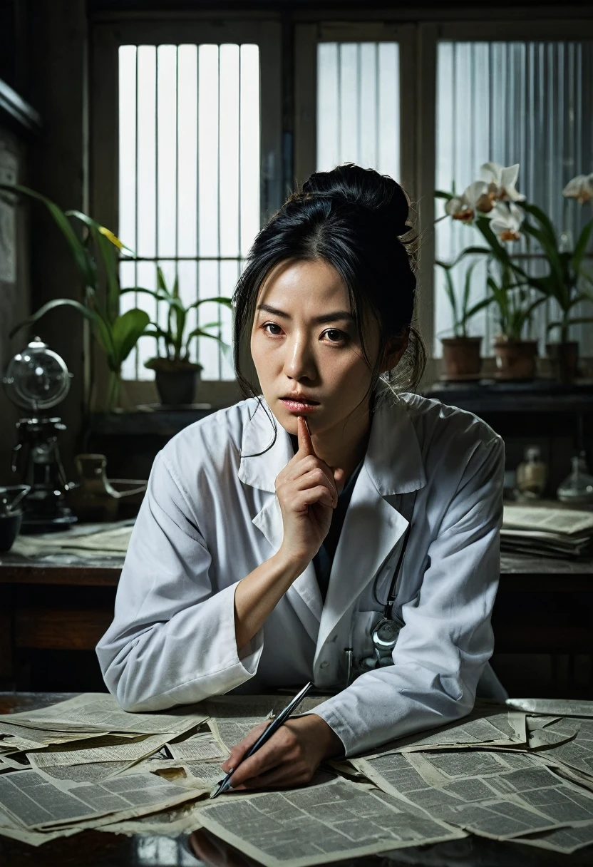 Beautiful botanical genius, Misaki Sato, 28, Japanese, long black hair in a messy bun, concentrated expression, in a dimly lit laboratory, early morning sunlight streaming through venetian blinds, creating stark shadows, papers and broken glass strewn across floor, empty orchid specimen case prominent on central table, drawers pulled out, computer with cracked screen, distraught genius Beautiful botanical Misaki in foreground, hand over mouth, eyes wide with shock, wearing previous day's wrinkled lab coat, detective in background taking notes, forensic team dusting for fingerprints, police tape across doorway, other scientists whispering in hallway visible through open door, clock on wall showing 7:15 AM, hyper-realistic, dramatic lighting, crime scene photography style, intricate detail, faded, highly detailed eye, highly detailed eye, 16k resolution, RAW, Nikon Z9, creative, masterpiece, fantasy, super detailed, high resolution, high quality, 8k, realistic, super detailed Dramatic Lighting, Soft Focus, Digital Illustration, Intricate Mechanics, Advanced Techniques, Dark Backgrounds, Cinematic, High Contrast, Moody, Strict, Atmospheric, (Top Quality, 4k, 8k, High Definition, Masterpiece: 1. 2), Ultra-Detailed, (Realistic, Graphic, Photorealistic: 1. 8) -- No glass --AR 16:9 --Stylize 1000