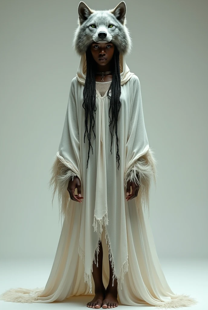 Only one
Only one
Only one 2 girl with really dark skin
Really dark skin
Green eyes
Long hair with African braids
Using a piece of torn white semi-transparent silk fabric
Using a gray wolf's head as a hood
Using wolf fur as a skirt
Barefoot