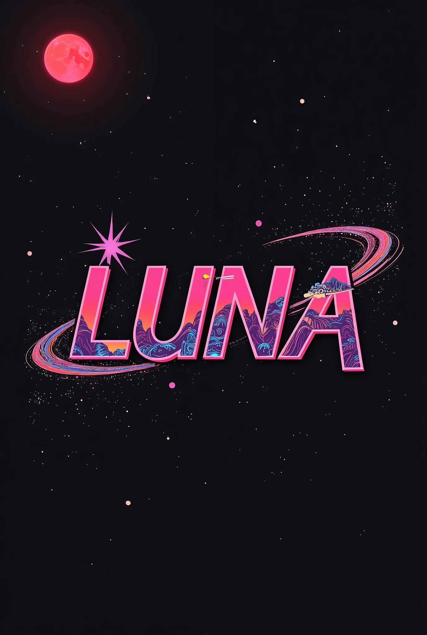 High resolution, red moon, logo spelling swiftly “Luna” cool, Jdm theme, anime theme, Cyberpunk vibe name spelling, brand logo, logo for tshirt, brand logo “LUNA”, neon vibes, acid trip vibes, acid trip, shooting stars, acid trip inside “LUNA”, acid trip, hallucinations inside “LUNA”, Waves of hallucinations, splash, waves of futuristic hallucinations, red moon hallucinations, stars in the background,