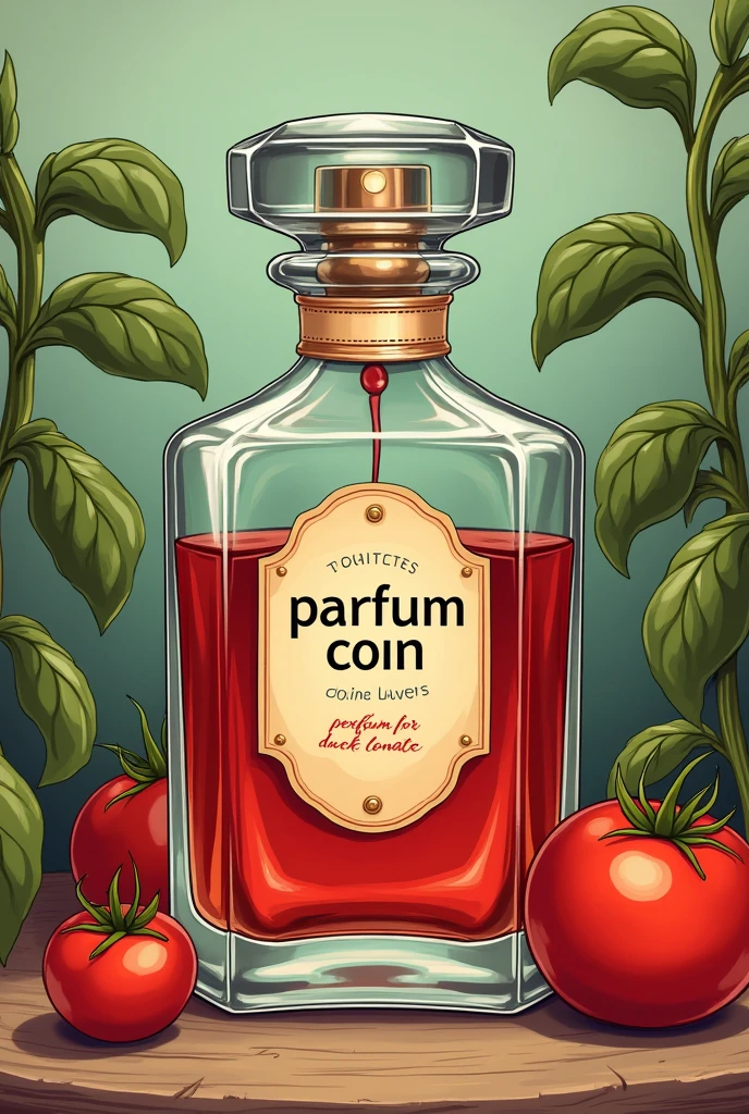 Image d’illustration vintage flacon transparent rouge de parfum inscrit dessus  « Parfum Coin Coin Lovers » inscrit « Eau de Tomate » en arrière plan des tomates et dû basilic 