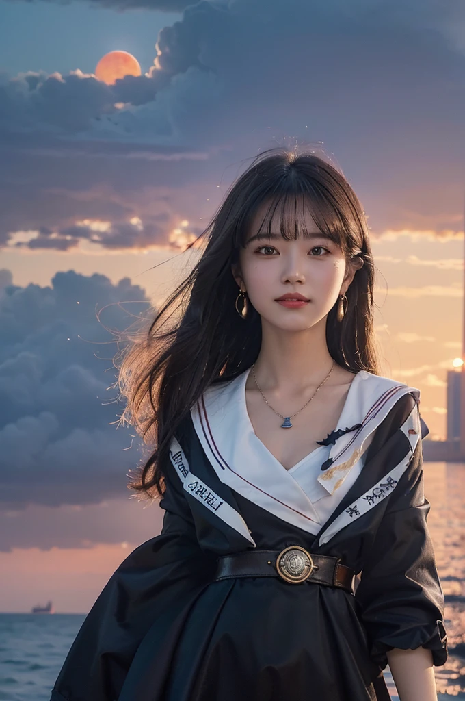 8k resolution, absurdres, cowboy shot, cyberpunk, girl, student, light smile, long hair, brown hair, bob hair, drop earrings, necklace, sailor shirt, sailor suit, sunset, city, Cinematic Lighting, beautiful detailed glow, floating ashes, beautiful and detailed explosion, red moon, fire, fire cloud, wings on fire, a cloudy sky, smoke of gunpowder, burning, black dress, dove of peace, (floating cloud:1.2)