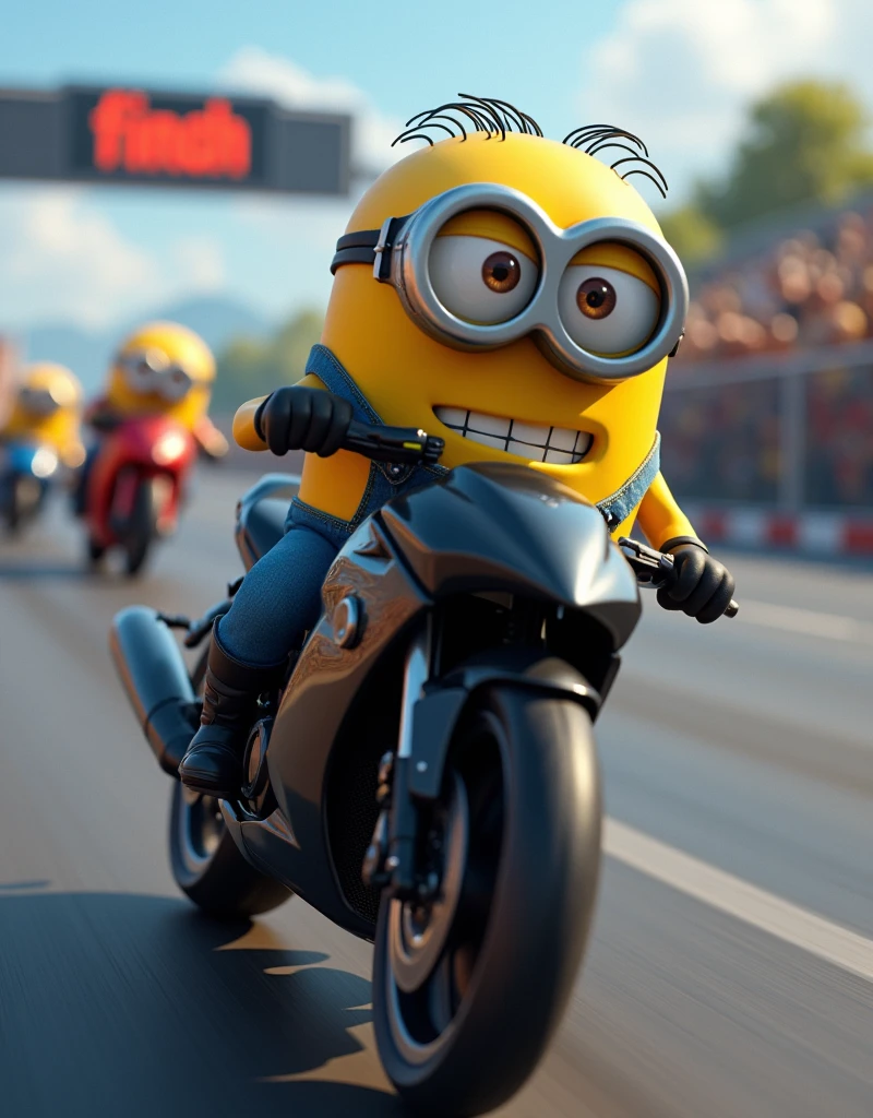 Minion Kevin black bike in Ultimate Bike Race, Kevin sees the finish line ahead.. He put all his strength into pedaling quickly to the finish line., overcome some other Minions, with a determined face.