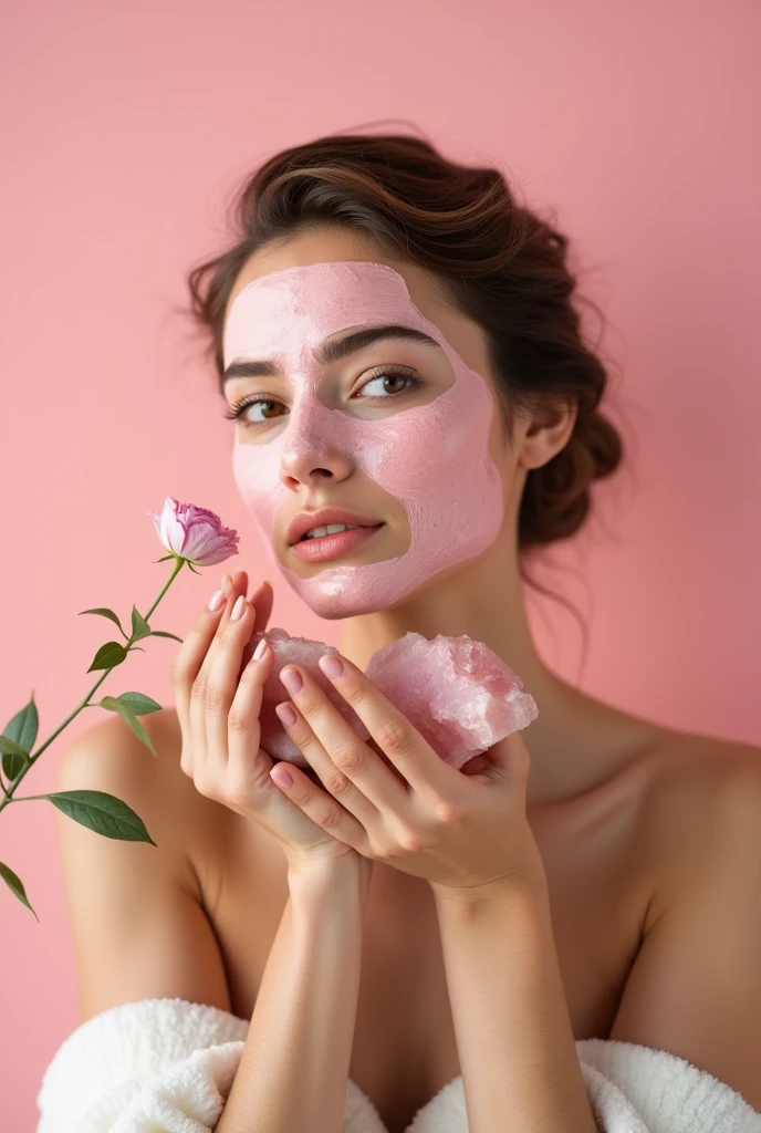 Creative and aesthetic Shoot with pink or white background of female model with props applied rose mud face mask pink to red colour . Use props in hands in pictures