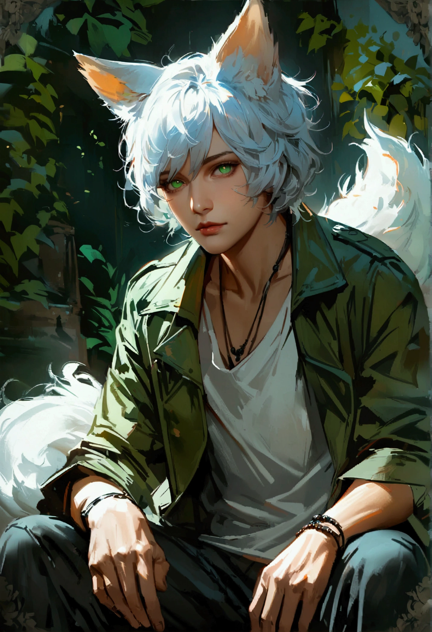 Realistic Digital Painting with Concept Art Elements"," digital painting," "concept art," "realistic," "high detail", "muscular",, "high-res", "ominous aura,", "8k resolution", "oil painting", "darker tone" , "little saturation" ,"dark feeling", "concept art" , "detailed features" , "detailed eyes" "1man" , "white fluffy ears" , "white tail" , "short beard white" , "Human", "sitting" , "attractive", (masterpiece), best quality, expressive eyes, perfect face, Male, Long Silver hair, green eyes, Kitsune, fox ears, dark green jacket, black pants, portrait, white t-shirt, handsome, nonchalant and tired, scratching his head while staring at viewer