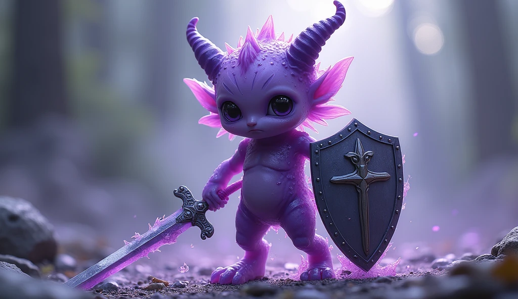 ((Highest quality)), ((masterpiece)), (detailed),A gel-like, disintegrating creature、Purple、No limbs、Holding a metal hero's shield in one hand and a metal hero's sword in the other、Her face is cute、One person、Demon King's Child