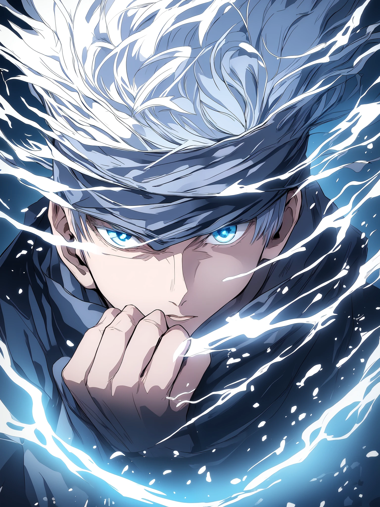 gojou satoru, 1boy, male focus, solo,  full body, blue eyes, blindfold, white hair, night, one eye covered, parted lips, high collar, looking at viewer, 
 