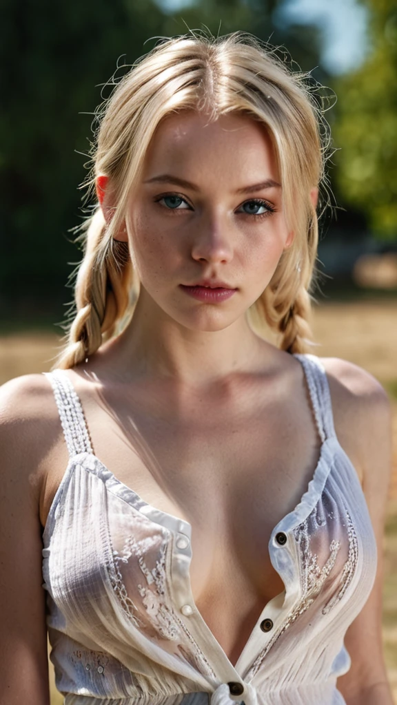 RAW photos, ((((Portrait of extreme beauty))), (((Radiant white beautiful skin)), 1 girl, 14-year-old pretty beautiful girl, ((blonde of bright various colors with glossy)), disheveled hair, hair hanging in front of the face and clinging, [Attractive whitish blue eyes], silky fine hair, ponytail, eyeliner, bangs, hair between the eyes, fluttering hair, a little smile, ((masterpiece, top quality, Ultra detail, film light, complex detail, high resolution, 8k, very detail)), detailed background, 8k uhd, dslr, soft light, high quality, film grain, fujifilm XT3, shallow depth of field, natural light, (perfect hands), sexy and perfect beautiful body, small breasts, sheer lace underwear