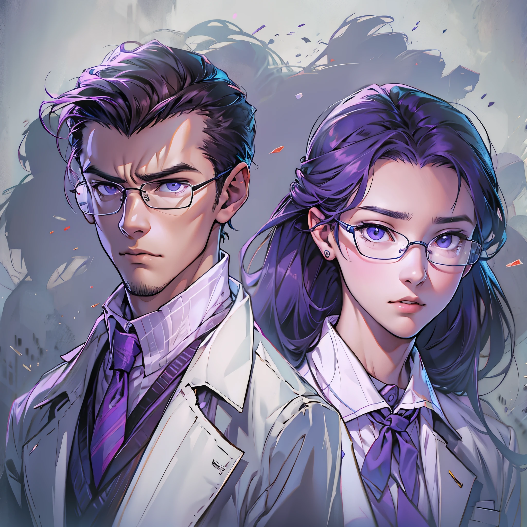 Imagine a MBTI logician、A man and woman wearing white coats and purple shirts glaring coolly at the camera with serious faces。Create a mysterious atmosphere。