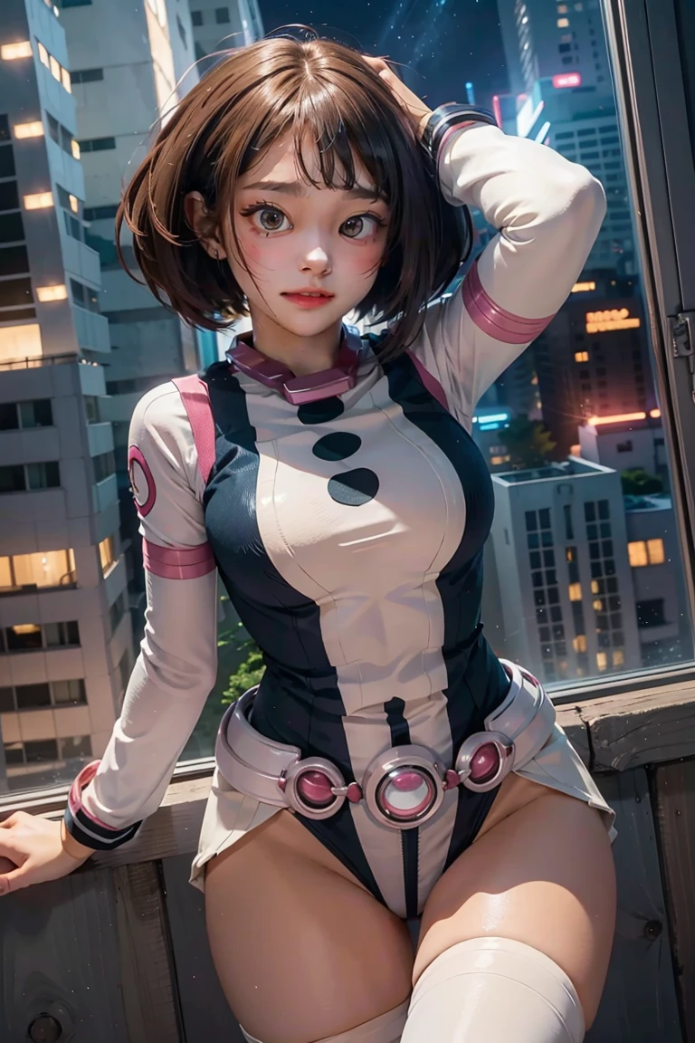 Ochako Uraraka  ,1 girl , anime , Masterpiece  ,  satisfied smile ,short hair, hero uniforme  leotard fio-dental sexy , thigh ,Uravity  , Medium bust , thigh , night city, sexy 